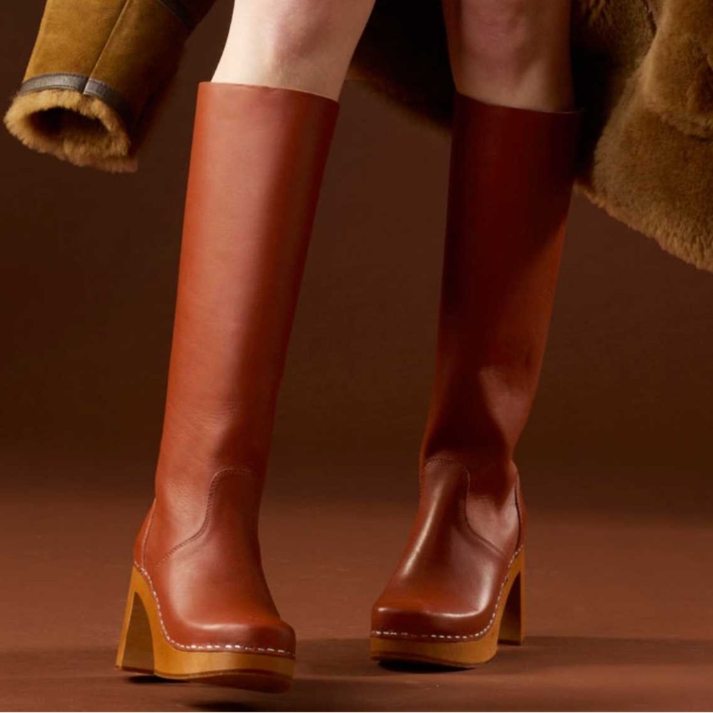 Swedish Hasbeens Tall Leather Platform Boots - Chestnut Brown